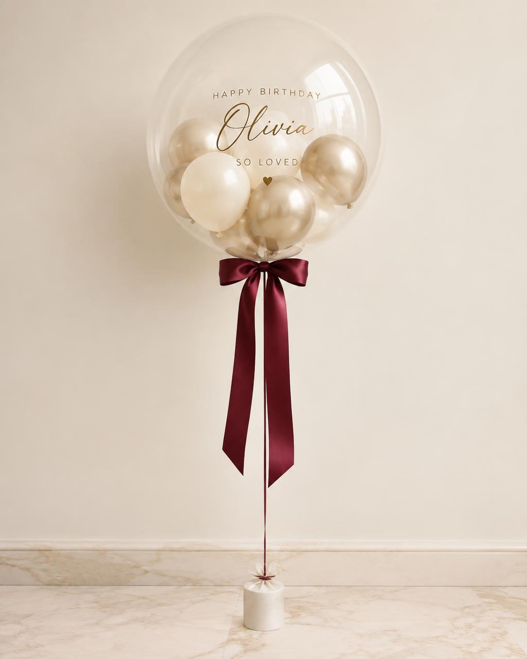 Personalised bubble balloon with burgundy ribbon