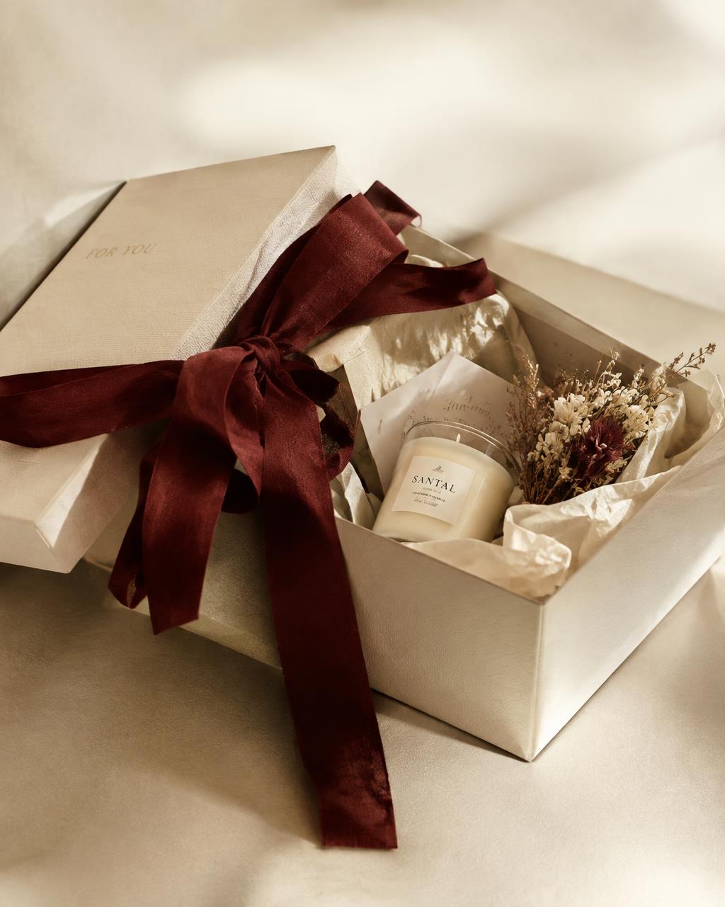 Ivory gift box with burgundy silk ribbon