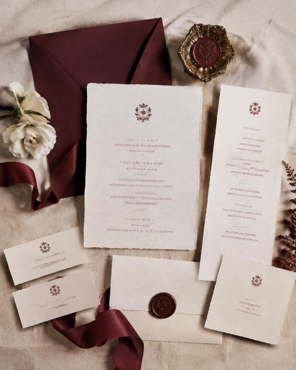 Burgundy wedding stationery suite with wax seal