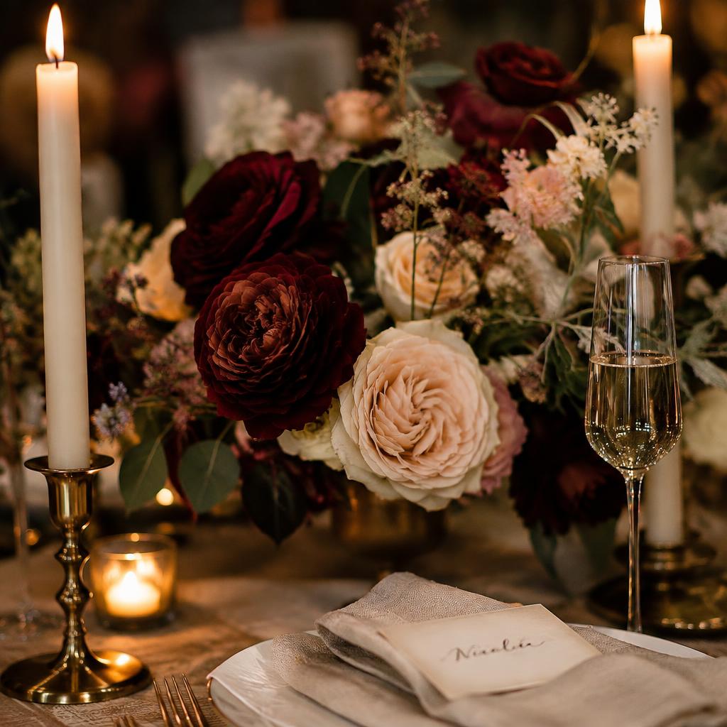 Candlelit centrepiece of burgundy and cream roses